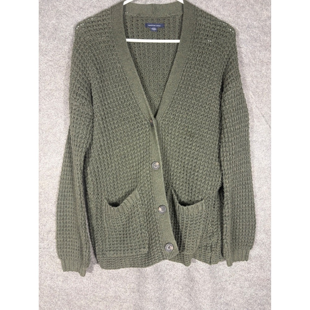 American Eagle Women Olive Green Oversized Button Front Knit Cardigan‎ Sweater S